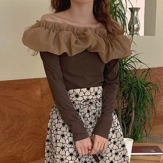 Long-sleeve Off-shoulder Ruffle Top Top - Coffee - One Size