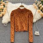 Rhinestone Stand-collar Jacquard Puff-sleeve Cropped Top