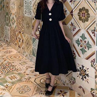 V-neck Short-sleeve Midi A-line Dress Black - One Size