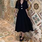 V-neck Short-sleeve Midi A-line Dress Black - One Size