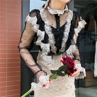 Contrast Lace Trim Long-sleeve Blouse