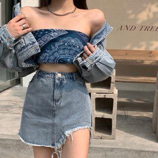 Paisley Print Tube Top / Distressed Denim Mini Pencil Skirt / Denim Jacket