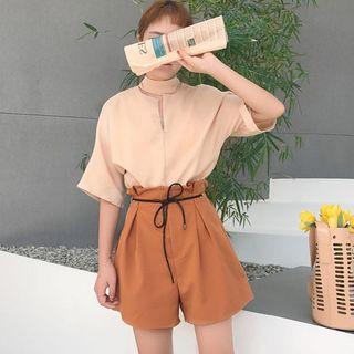 Set: Plain Cut Out Detail Elbow Sleeve T-shirt + Plain Wide Leg Shorts