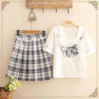 Bow-detail Sailor-collar Short-sleeve Top / Gingham Pleated Skirt / Set