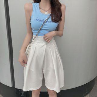 Letter Embroidered Cropped Tank Top / High-waist Shorts