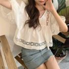 Lace Panel Puff-sleeve Blouse White - One Size