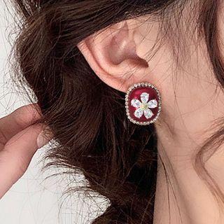 Flower Rhinestone Earring 1 Pair - Wine Red - One Size
