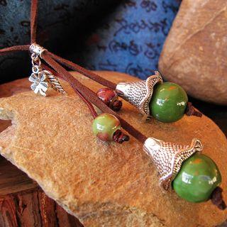 Ceramic Bead Pendant Necklace 4 Beads - Leaves & Beads - Green - One Size