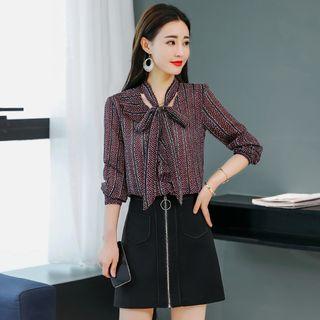 Tie-neck Patterned Chiffon Blouse / Skirt