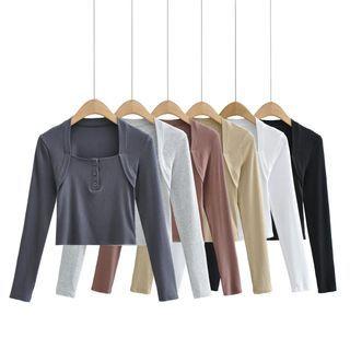 Long-sleeve Square-neck Henley T-shirt