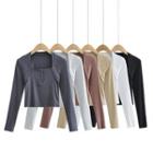Long-sleeve Square-neck Henley T-shirt