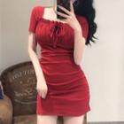 Square-neck Ruffle Trim Shirred Mini Bodycon Dress