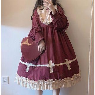 Cross Balloon-sleeve A-line Dress / Bow Hair Band / Set