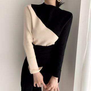 Round-neck Color Block Long-sleeve Knit Top As Shown In Figure - One Size
