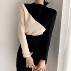 Round-neck Color Block Long-sleeve Knit Top As Shown In Figure - One Size