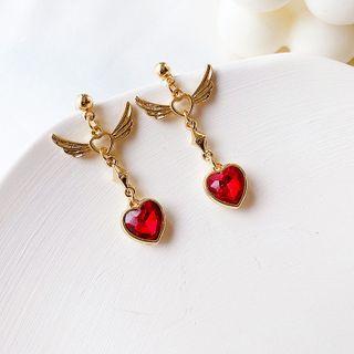 Faux Crystal Heart Alloy Wings Dangle Earring 1 Pair - As Shown In Figure - One Size