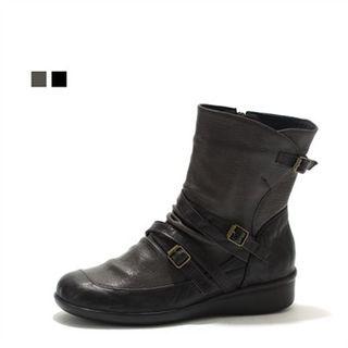 Genuine Leather Buckle-trim Ankle Boots