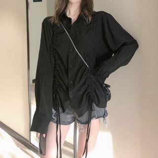 Long-sleeve Drawstring Shirt Black - One Size