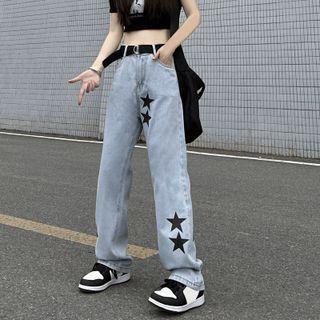 Star Print High Waist Straight Leg Jeans