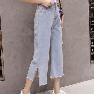 Cropped Side-slit Wide-leg Jeans