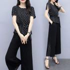 Set: Dotted Short-sleeve Tie-waist Blouse + Dotted Panel Wide-leg Cropped Pants