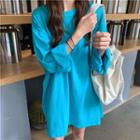 Letter Embroidered Long-sleeve T-shirt Dress Peacock Blue - One Size