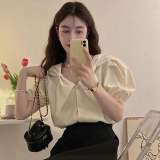 Puff-sleeve Bow Accent Plain Blouse Almond - One Size