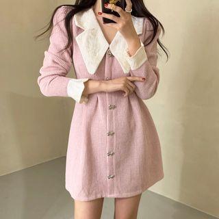 Long-sleeve Chelsea Collar Button-up Mini A-line Dress Pink - One Size