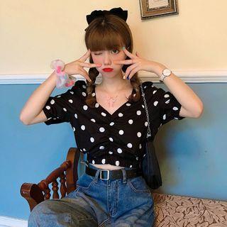 Patterned Short-sleeve Cropped Blouse