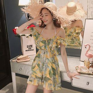 Set: Floral Print Ruffled Bikini + Cold-shoulder Cover-up Dress