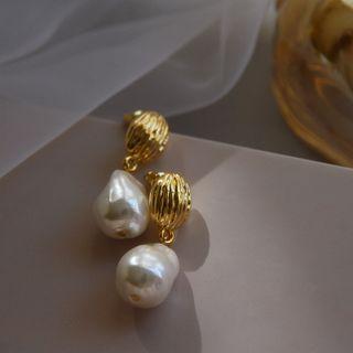 Bead Drop Sterling Silver Ear Stud 1 Pair - Gold & White - One Size