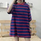 Elbow-sleeve Oversized Striped T-shirt Blue & Red - One Size