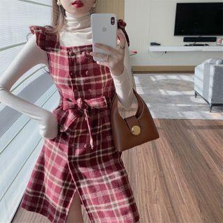Long-sleeve Turtleneck Top / Sleeveless Plaid Mini A-line Dress
