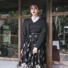 Modern Hanbok Set Contrast-trim Top & Pattern Maxi Skirt