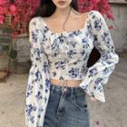 Long-sleeve Off-shoulder Square-neck Floral Shirt White - One Size