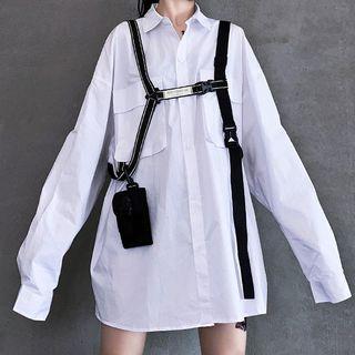 Plain Flap-pocket Long-sleeve Shirt With Pouch