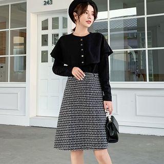 Set: Paneled Sweater + Tweed Midi A-line Skirt