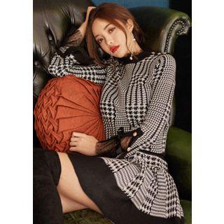 Set: Button-trim Houndstooth Knit Top + Mini Flare Skirt