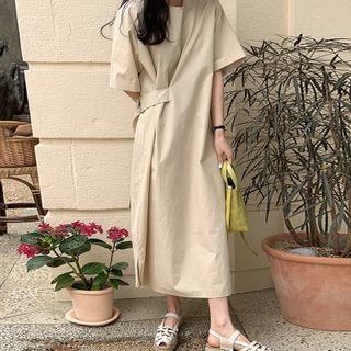 Short-sleeve Plain Midi Shift Dress Beige - One Size