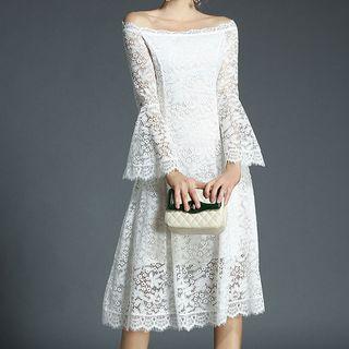 Off Shoulder Lace Long Sleeve Midi Dress