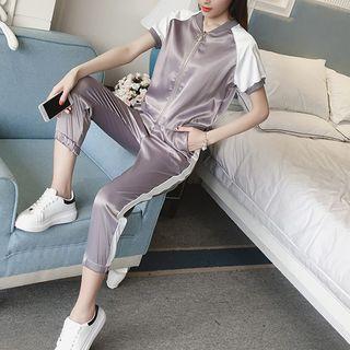 Set: Color Panel Short Sleeve Zip Jacket + Cropped Jogger Pants