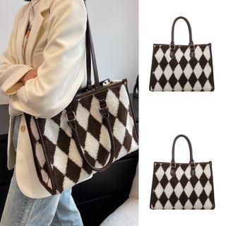 Argyle Faux Shearling Tote Bag