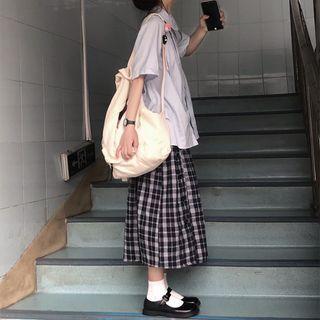 Short-sleeve Plain Shirt / Plaid Midi A-line Skirt