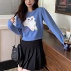 Long-sleeve Cat Embroidered Knit Top Aqua Blue - One Size