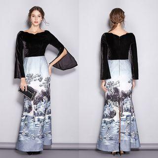 Long-sleeve Velvet Panel Printed Evening Gown