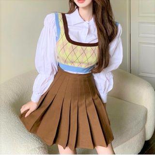 Plain Shirt / Argyle Sweater Vest / Pleated Skirt