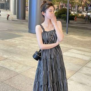 Spaghetti Strap Gingham Check Tiered Midi Sundress