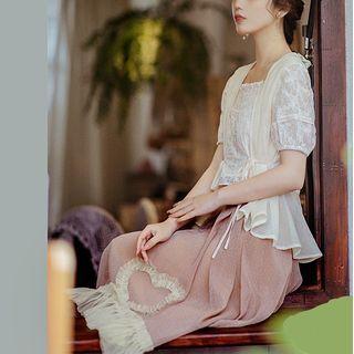 Short-sleeve Lace Blouse / Ruffle Trim Midi Skirt