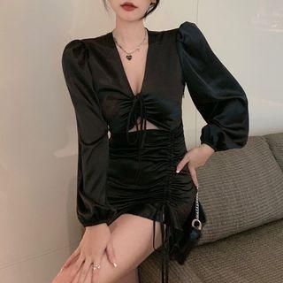 Balloon-sleeve Drawstring Mini Dress