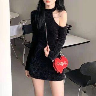 Off-shoulder Bodycon Long-sleeve Knit Dress Black - One Size